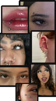 multiple pictures of different types of piercings on the face and nose, including an individual's nose