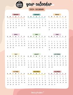 a calendar with the year on it in pink and green colors, including one for each month