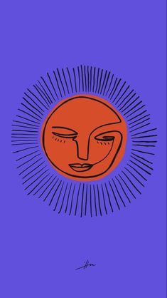 a drawing of a face in the middle of a blue and purple background with sun rays