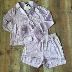 Nasty Gal Purple Lilac Satin Feather Pajama Shirt And Shorts Set 8 Purple Linen, Shirt And Shorts Set, Shirt And Shorts, Linen Short, Purple Lilac, Pajama Shirt, Pajama Shorts, Shorts Set, Color Purple