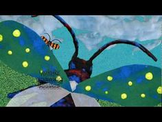 a painting of a butterfly with yellow dots on it's wings and two bees