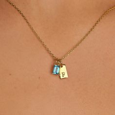 The Tiny Tag Initial Birthstone Necklace artfully combines personalized charm with a touch of color. This refined piece features a sleek gold tag, delicately engraved with your chosen initial, alongside a vibrant birthstone that dangles with light-catching allure. Perfect for celebrating a loved one's special month or adding a meaningful touch to your ensemble, this necklace serves as a daily reminder of personal significance and style. Birthstone dimension: 4 mm x 6 mm; Initial dimension: 10 mm