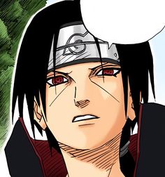 an anime character with black hair and red eyes looking at something in the air above his head