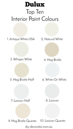 the top ten interior paint colors in white and neutral, with text overlaying them