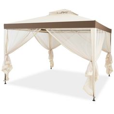 a white and brown gazebo with mosquito netting on the top, sitting in front of a white background