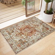 a large area rug on the floor in front of a window with potted plants