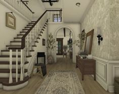 an image of a hallway with stairs and rug