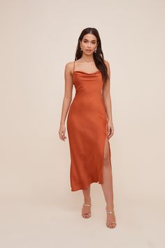 Gaia Midi Dress – ASTR The Label Couples Outfits Wedding Guest, Satin Bridal Party, Wedding Dress Wrap, Fall Dress Trends, Spaghetti Dress, Burnt Orange Dress, Custom Dress, Perfect Little Black Dress, Satin Bridesmaid Dresses