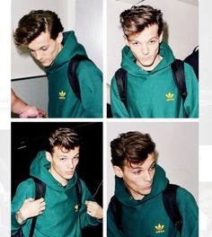 four different shots of a young man wearing a green hoodie and carrying a black backpack