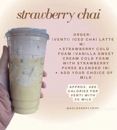 a hand holding up a starbucks drink with information about the beverage and ingredients in it