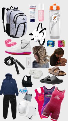 the contents of a backpack, shoes, and sports gear are arranged on a white background