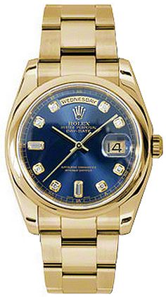 118208 ROLEX DAY-DATE MEN'S OR WOMEN'S LUXURY WATCH Store Display Model (What's This?) - Free Overnight Shipping - With Manufacturer Serial Numbers - Swiss Made - Blue Dial Set with Diamonds - 10 Diamonds Set on Dial - Solid 18k Yellow Gold Domed Bezel - Day and Date Features - Self-winding Automatic Chronometer Movement - 6 Year Warranty - Guaranteed Authentic - Certificate of Authenticity - Manufacturer Box & Manual - Solid 18k Yellow Gold Case & Oyster Bracelet - Scratch Resistant Sapphire Crystal - 100 Meters / 330 Feet Waterproof - 36mm = 1 1/3" Case, 6.5" Adjustable Bracelet - Deployment Buckle - Screw Down Crown & Caseback - Free Bracelet Sizing     Also Known As Model # 118208 BLUDDO Swiss Army Watches, Gold Rolex, Gold Chains For Men, Rolex Men, Womens Watches Luxury, Rolex Watch, Rolex Oyster Perpetual, Rolex Oyster, Seiko Watches