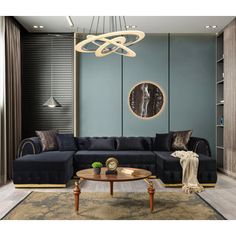 a living room with a couch, coffee table and chandelier hanging from the ceiling