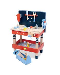 a wooden toy work bench with tools on it