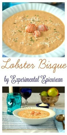 lobster bisque is served in a white bowl