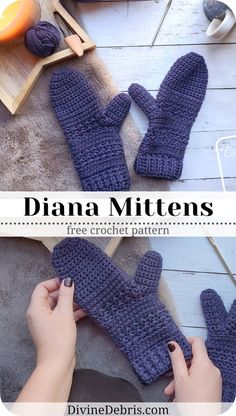 two pictures showing how to crochet mittens