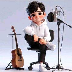 a cartoon character sitting in front of a microphone and guitar