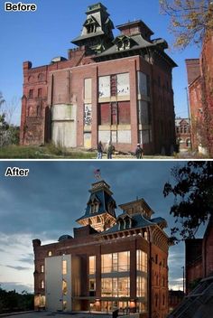 before and after shots of an old building