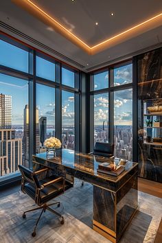 an office with large windows and a desk in front of the cityscape is shown