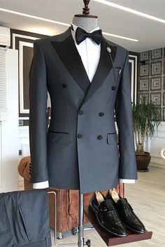 Clare Deep Gray Peaked Lapel Double Breasted Close Fitting Business Suits Double Breasted Tuxedo, Lapel Jacket, Prom Suits, Tuxedo Suit, Groom Suit