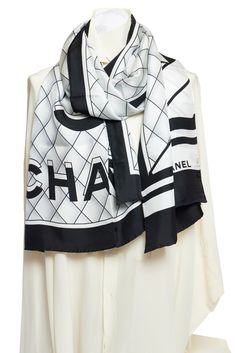 Chanel black and white silk scarf. On the scarf are the Chanel letters printed in 3D. The trim is black and has rolled edges. It is brand new. White Silk Scarf, Chanel Black And White, Hermes Handbags, Christian Lacroix, Chanel Black, White Silk, Vintage Chanel, Gift Accessories, Lanvin