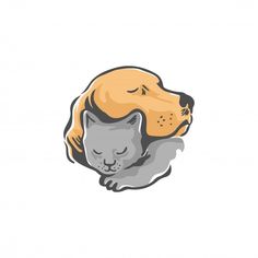 the dog and cat are sleeping together on the white background, which is drawn by hand