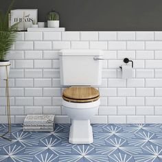 a white toilet sitting in a bathroom next to a plant and books on a shelf