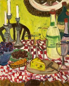 a painting of wine, cheese and other food on a checkered tablecloth with candles