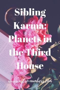 pink flowers and an open book with the words sibling karma planets in the third house