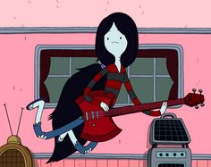 a woman with black hair is holding a guitar in front of a pink wall and window