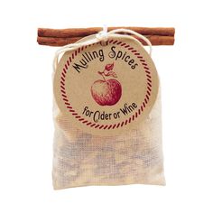 an apple spice bag with cinnamon sticks in it and the label for mulling spices