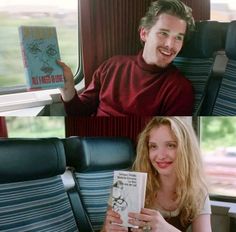 a man and woman sitting on a train with books in their hands, smiling at the camera