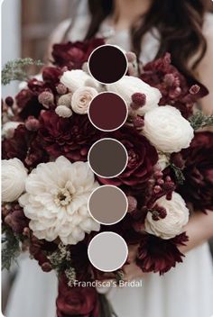 a bride holding a bouquet with red and white flowers in it's color scheme