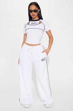 Available In White. Wide Leg Pant Elastic Waistband Drawstring Front Screen Stretch Side Hand Pockets Disclaimer: Due To The Printing Process A Difference In Saturation May Occur. Each Garment Is Unique. 95% Cotton 5% Elastane Imported | Sporty Contrast Wide Leg Pant in White size Large by Fashion Nova Uzun Boy, Birthday Shoot, Wide Leg Pant, Sporty Outfits, Athletic Pants, Bottom Clothes, White Fashion, Graphic Tees Women, Bottoms Pants