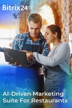 two people standing next to each other in front of a laptop computer with the words, all - driven marketing suite for restaurants