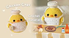 a crocheted chicken with a chef's hat and apron is shown next to an egg