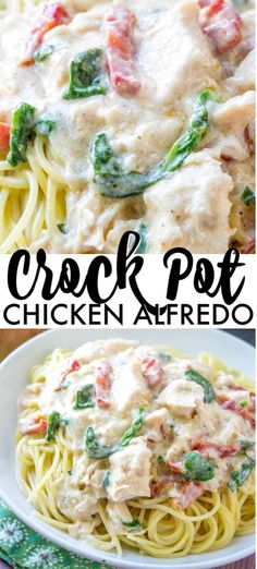 Five ingredient, super simple, slow cooker chicken alfredo with sun dried tomatoes and spinach. Chicken Alfredo No Pasta, Easy Crockpot Chicken Alfredo Recipe, Simple Crock Pot Chicken, Crock Pot Chicken Alfredo, Spring Dinners, Crockpot Chicken Alfredo, Alfredo Recipes, Chicken Alfredo Recipe