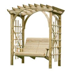 a wooden bench sitting under a pergolated arbor with wood slats on the sides