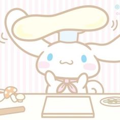 a cartoon rabbit sitting at a table with food on it's plate and chopping utensils in front of him