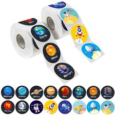 several rolls of stickers with planets and stars in the background, including one for each roll