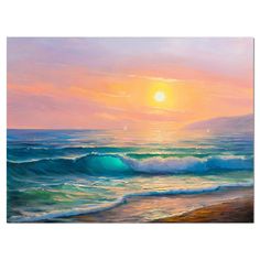 a painting of the ocean at sunset with waves coming in to shore and sun setting over the horizon