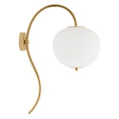 a wall light with a white glass ball on the side and a gold metal arm