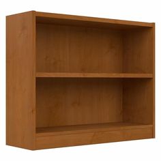 an empty wooden bookcase on a white background