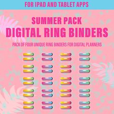 an advertisement for the summer ring binder pack, with different colors and sizes on it