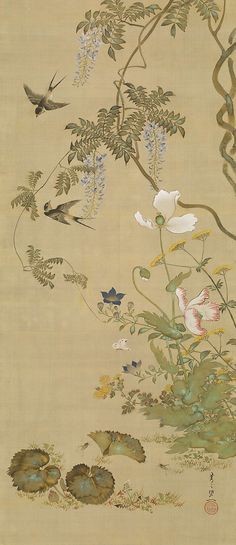 Birds and Flowers (c.1855) | Suzuki Kiitsu,  Japanese Painter, 1796-1858 | Hanging Scroll: Colour on Silk, 194.0 x 70.0 x 75.4cm | Edo (Tokugawa) period 1615 - 1868 → Japan Art Chinois, Asian Painting, Birds And Flowers, Eastern Art, Japanese Flowers, Art Japonais, Korean Art, Art Et Illustration, Foto Art