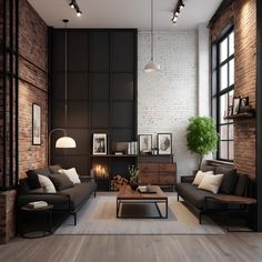 a modern living room with brick walls and wood floors