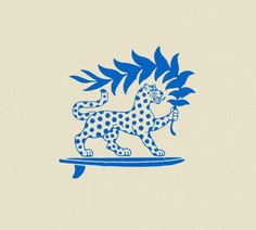 a blue and white drawing of a cheetah on top of a surfboard