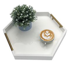 a cappuccino on a white tray next to a potted green plant