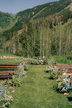 an empty park with benches and flowers in the foreground, surrounded by green mountains