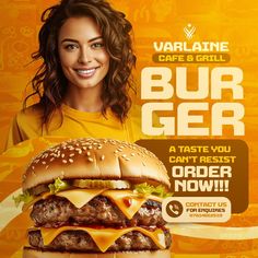 an advertisement for a burger restaurant with a woman smiling and holding a giant cheeseburger